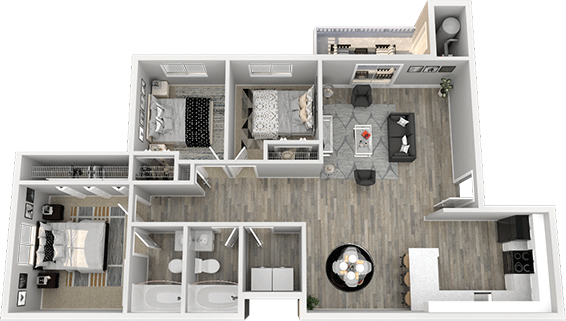Floor plan for 3 beds, 2 baths, 1060 sqft